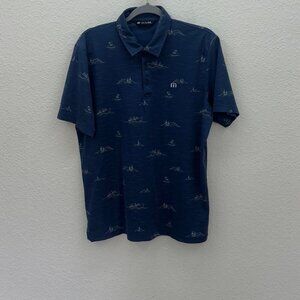 Travis Mathew Blue Mountain Boat Print Short Sleeve Golf Polo Shirt Mens Large